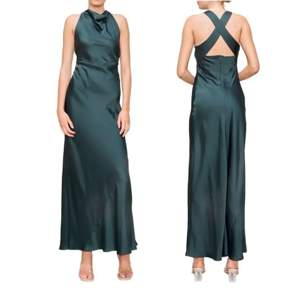 NWT Melloday Ruched Cowl Neck Bias Cut Satin Maxi Dress in Hunter Green Size XS